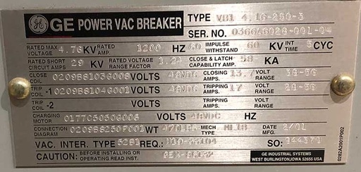 [045017] 1200 Amp, 4760V, GENERAL ELECTRIC POWER VAC BREAKER****PARTS ONLY****