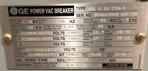 [045018] 1200 Amp, 4760V, GENERAL ELECTRIC POWER VAC BREAKER****PARTS ONLY****