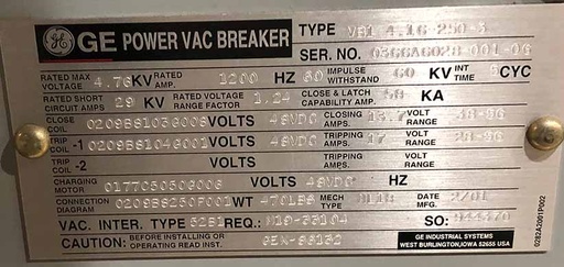 [045019] 1200 Amp, 4760V, GENERAL ELECTRIC POWER VAC BREAKER****PARTS ONLY****