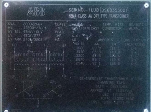 [045022] 2000/2667 KVA, Pri 13200Y, Sec 480Y/277, ABB, CAST/DYNICAST, DRY TYPE TRANSFORMER, N3R LF/RF