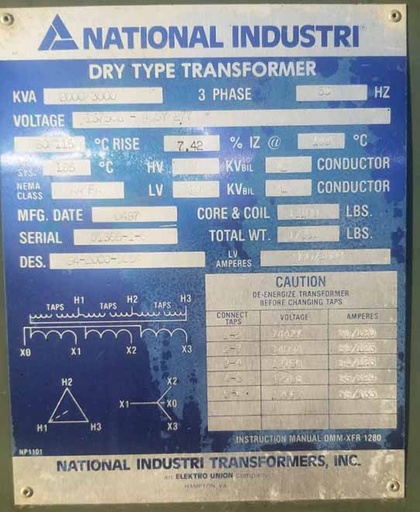 [045026] 2000/3000 KVA, Pri 13750D Sec 480Y/277 NATIONAL INDUSTRIES DRY TYPE TRANSFORMER, N3R