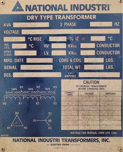 [045028] 2000/3000 KVA, Pri 13750D Sec 480Y/277, NATIONAL INDUSTRIES DRY TYPE TRANSFORMER, N3R