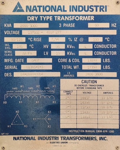 [045029] 2000/3000 KVA, Pri 13750D Sec 480Y/277, NATIONAL INDUSTRIES DRY TYPE TRANSFORMER, N3R