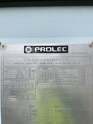 [045041] 30/40 MVA, 138000D-4360Y/2515x4360Y/2515 GE PROLEC SUBSTATION TRANSFORMER