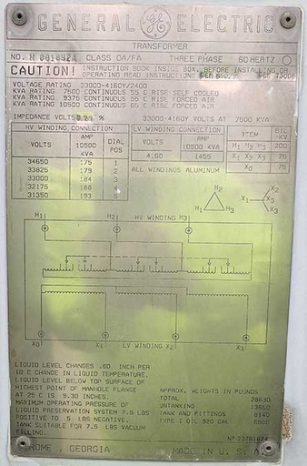 [045049] 7500/9375/10.5 KVA, Pri 33000 D, Sec 4160Y/2400, GENERAL ELECTRIC