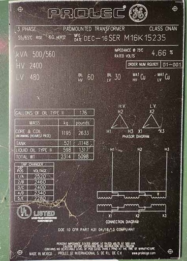 [045062] 500/560 KVA, Pri 2400 DELTA, Sec 480 DELTA, LF/RF, GE PROLEC TRANSFORMER