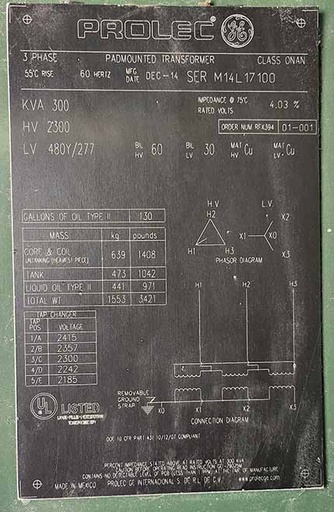 [045063] 300 KVA, Pri 2300 DELTA, Sec 480Y/277, LF/RF, GE PROLEC TRANSFORMER