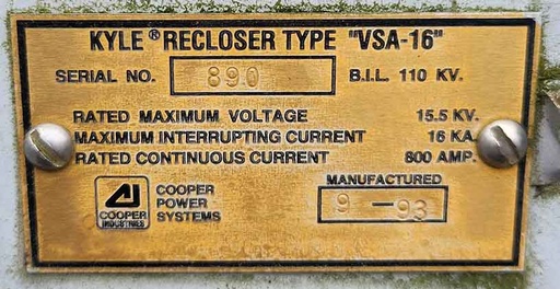 [045071] 800 AMP, 15.5 KV KYLE VSA-16 RECLOSER