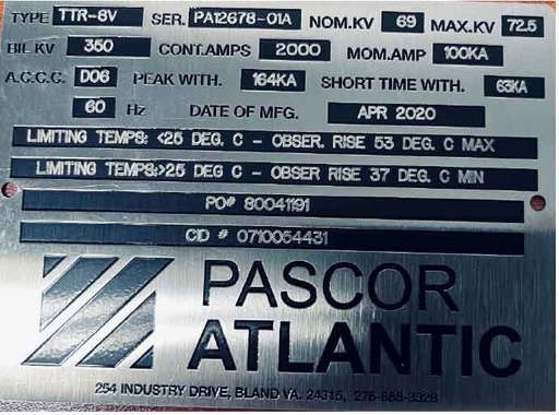 [045084] 2000 Amp, PASCOR, No. TTR-8V, 69000 V GANG OPERATED DISCONNECT SWITCH