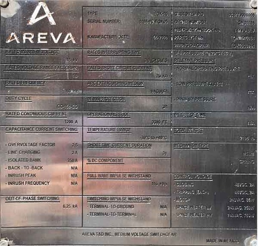 [045123] 1200 Amp, AREVA, EOX-15, 15000 V., SUBSTATION VACUUM BREAKER