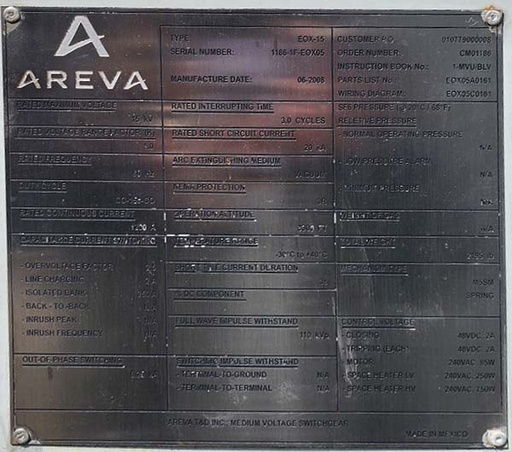 [045127] 1200 Amp, AREVA, EOX-15, 15000 V., SUBSTATION VACUUM BREAKER