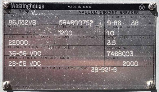 [045132] 1200 Amp, WESTINGHOUSE, V, 38000 V., SUBSTATION VACUUM BREAKER