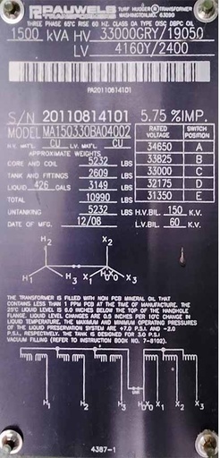 [045137] 1500 KVA, Pri 33000Y, Sec 4160Y/2400, DF/RF PAUWELS PADMOUNT TRANSFORMER