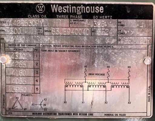 [045138] 300 KVA, Pri 4160 D, Sec 480Y/277, LF/RF, WESTINGHOUSE PADMOUNT TRANSFORMER