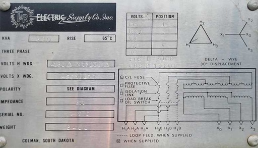 [045139] 500 KVA, Pri 4160D X 13200D, Sec 480Y/277, LF/RF T&R ELECTRIC PADMOUNT TRANSFORMER