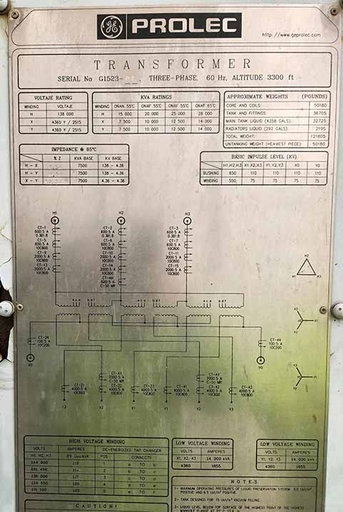 [045164] 15/20/25/28 MVA, 138000D-4360Y/2515x4360Y/2515 GE PROLEC SUBSTATION TRANSFORMER