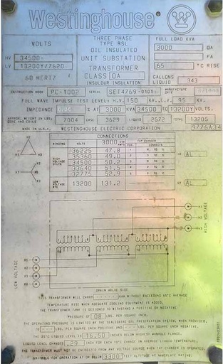 [045165] 3000 KVA, Pri 34500 D, Sec 13200 Y, WESTINGHOUSE SUBSTATION TRANSFORMER