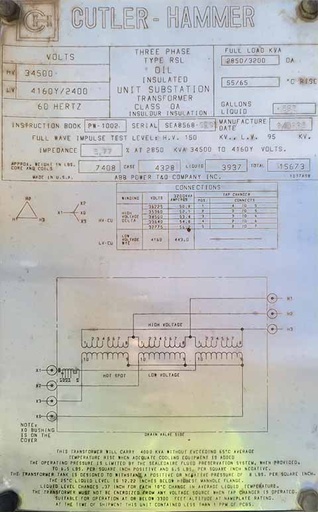 [045166] 2850 KVA, Pri 34500 D, Sec 4160 Y, CUTLER HAMMER SUBSTATION TRANSFORMER