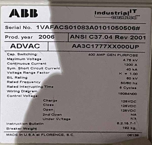 [045197] 1200 Amp, ABB, ADVAC, 4760 V., CIRCUIT BREAKER FEEDER