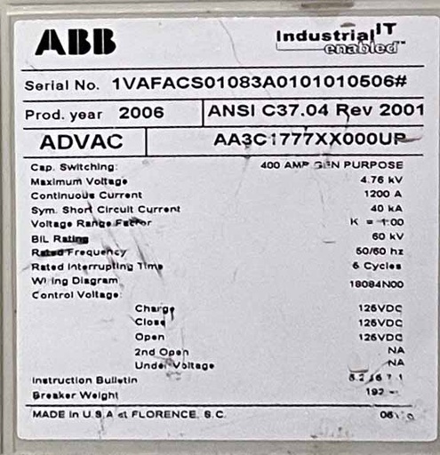 [045198] 1200 Amp, ABB, ADVAC, 4760 V., CIRCUIT BREAKER FEEDER