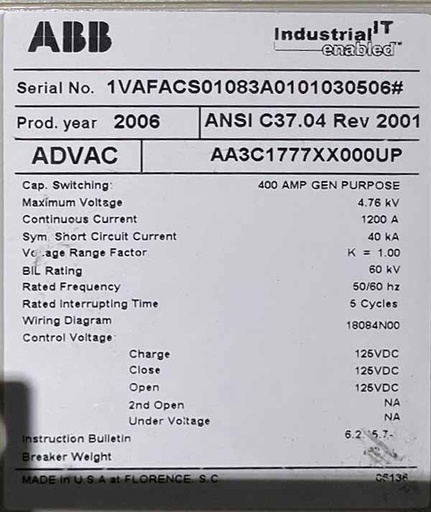 [045199] 1200 Amp, ABB, ADVAC, 4760 V., CIRCUIT BREAKER FEEDER