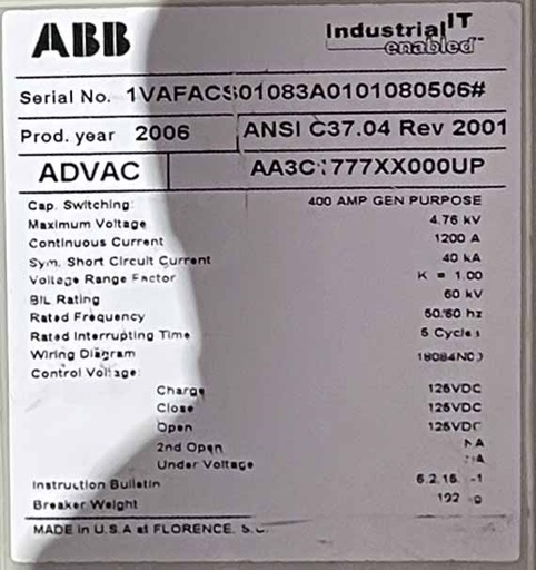 [045203] 1200 Amp, ABB, ADVAC, 4760 V., CIRCUIT BREAKER FEEDER