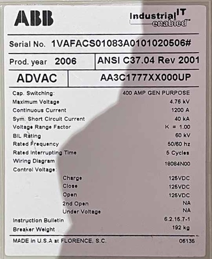 [045204] 1200 Amp, ABB, ADVAC, 4760 V., CIRCUIT BREAKER FEEDER