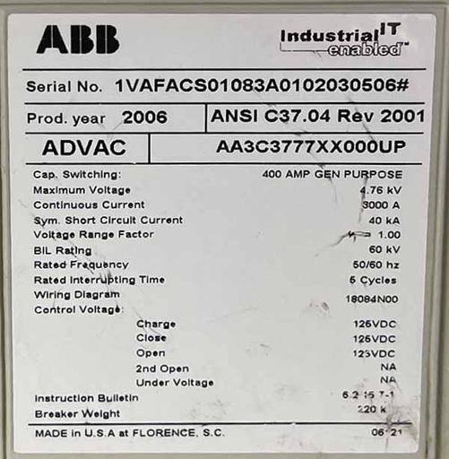 [045206] 3000 Amp, ABB, ADVAC, 4760 V., MTM CIRCUIT BREAKER- DRAW OUT