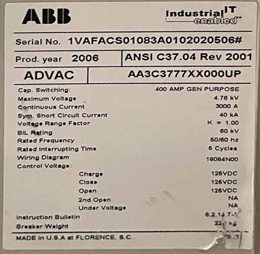 [045207] 3000 Amp, ABB, ADVAC, 4760 V., MTM CIRCUIT BREAKER- DRAW OUT
