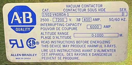 [045212] 400 Amp, 7200 Volt, ALLEN BRADLEY, 15024DBA-1 VACUUM CONTACTOR