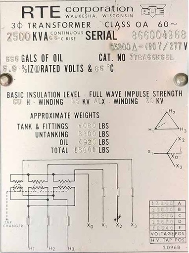 [045216] 2500 KVA, Pri 13200D, Sec 480Y, LF/RF RTE CORPORATION PADMOUNT TRANSFORMER