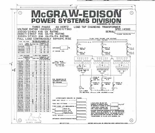 [045221] 20/37 MVA, PRI 138000D, SEC 13800Y, MCGRAW-EDISON LOAD TAP CHANGING TRANSFORMER