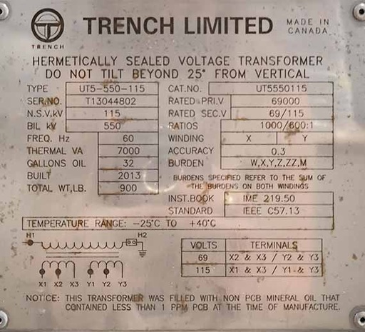 [045236] 7 KVA, 69000 V, Sec. 115 V, TRENCH VOLTAGE TRANSFORMERS, TYPE UT5-550-115