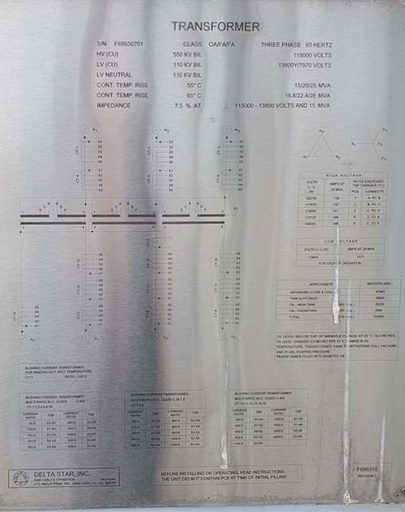 [045239] 15000 KVA, Pri 115000 D, Sec 13800 Y, DELTA STAR SUBSTATION TRANSFORMER