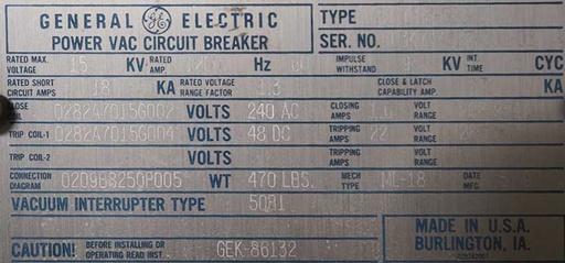 [045255] 1200 Amp, GE, VB1, 15 KV, 1992,Power Circuit Breaker