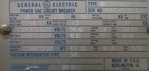 [045256] 1200 Amp, GE, VB1, 15 KV, 1992,