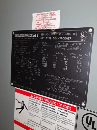 [045261] 2500/3750 KVA, Pri 12470D, Sec 480Y/277, SQUARE D, INDOOR CAST COIL