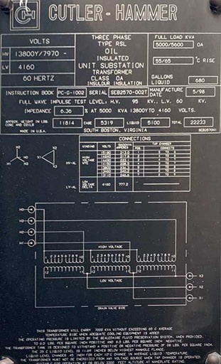 [045290] 5/5.6 KVA, Pri 13800 Y, Sec 4160 D, GSU CUTLER HAMMER SUBSTATION TRANSFORMER