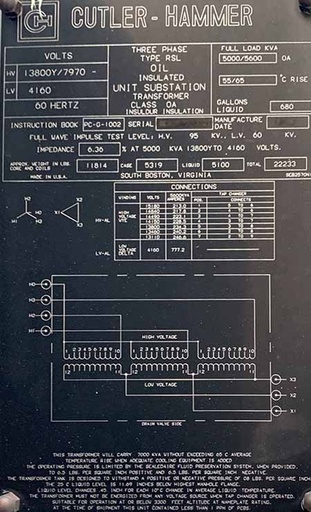 [045291] 5/5.6 KVA, Pri 13800 Y, Sec 4160 D, GSU CUTLER HAMMER SUBSTATION TRANSFORMER