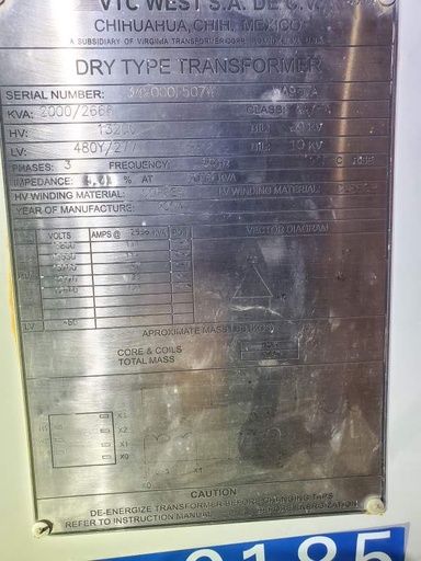 [045295] 2000/2666 KVA, Pri 13200 D, Sec 480 Y, VTC WEST DRY TYPE TRANSFORMER