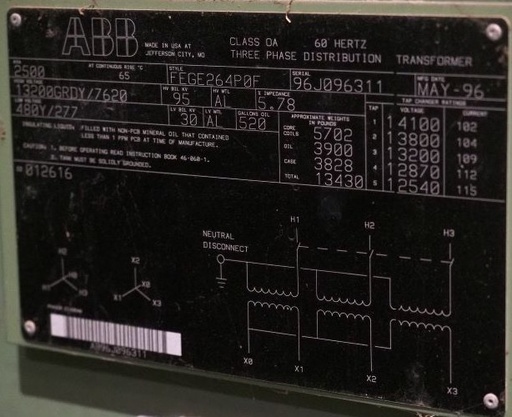 [045318] 2500 KVA, Pri 13200 GRDY 7620, SEC 480Y/277, 1996, DEAD FRONT, RADIAL FEED