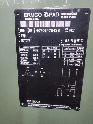 [045321] 1500 KVA, Pri 4160 D, Sec 480 Y/277, 2007, RADIAL FEED, LIVE FRONT