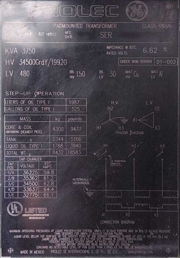 [045352] 3750 KVA, Pri 34500 GRDY, Sec 480 D, GE PROLEC PADMOUNT TRANSFORMER, DF/RF