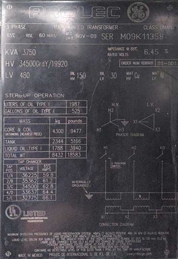[045353] 3750 KVA, Pri 34500 Y, Sec 480 D, GE PROLEC PADMOUNT TRANSFORMER, DF/RF