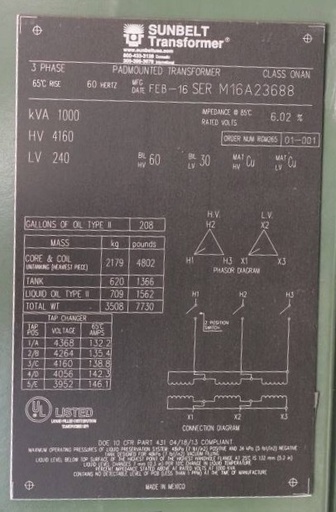 [045365] 1000 KVA, Pri 4160 D, Sec 240 D, 2016, SUNBELT PADMOUNT TRANSFORMER, LF/RF