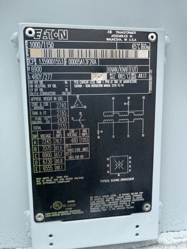 [045394] 1000 KVA, Pri 6900 D, Sec 480 Y, EATON SUBSTATION TRANSFORMER:10