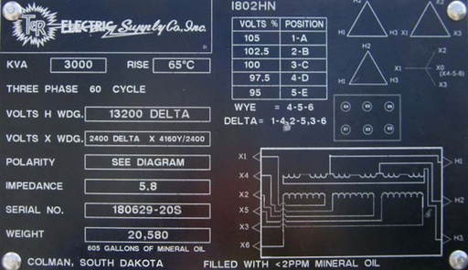 [045411] 3000 KVA, Pri 13200 D, Sec 2400 D X 4160Y/2400 T&R SUBSTATION TRANSFORMER