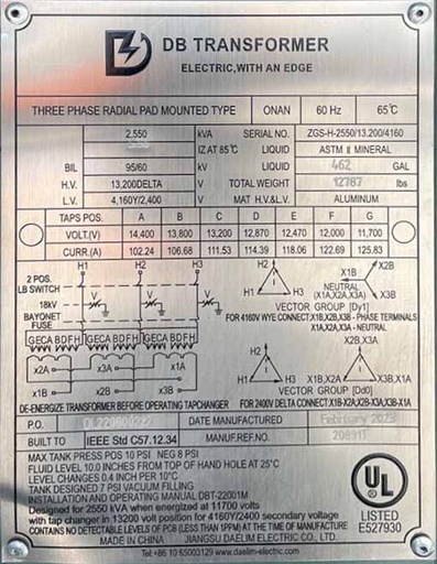 [045412] 2550 KVA, Pri 13200 D, Sec 4160 Y, DB ELECTRIC PADMOUNT TRANSFORMER