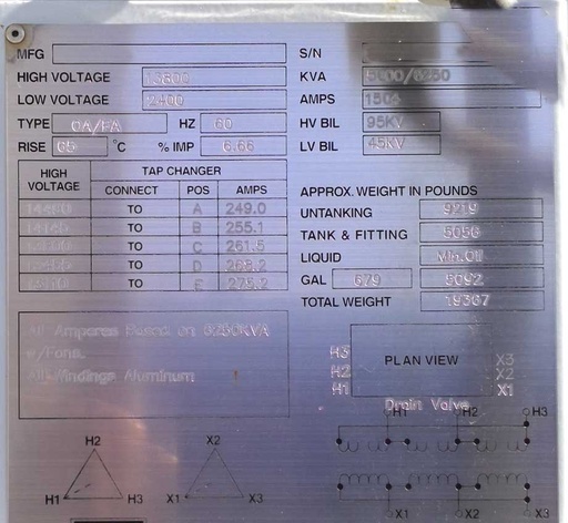 [045415] 5000/6250 KVA, Pri 13800 D, Sec 2400 D SUBSTATION TRANSFORMER