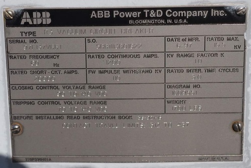 [045451] 1200 Amp, ABB, R3, 15.5 KV, VACUUM, 125VDC C+T, 20kA SHORT